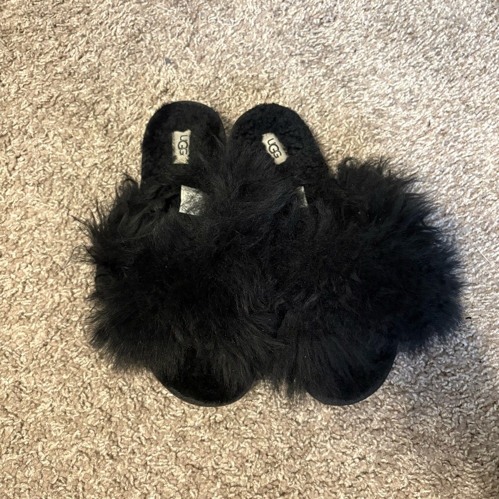 UGG Fuzzalicious Black Plush Fur Slippers